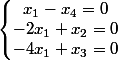 \left\lbrace\begin{matrix} x_{1}-x_{4}=0\\ -2x_{1}+x_{2}=0 \\ -4x_{1}+x_{3}=0 \end{matrix}\right.